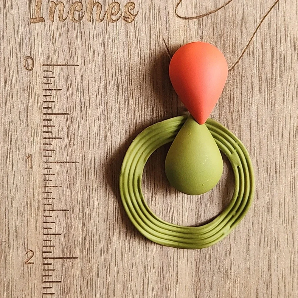 Matte Red and Olive Green Geometric Teardrop Hoop Drop Statement Earrings